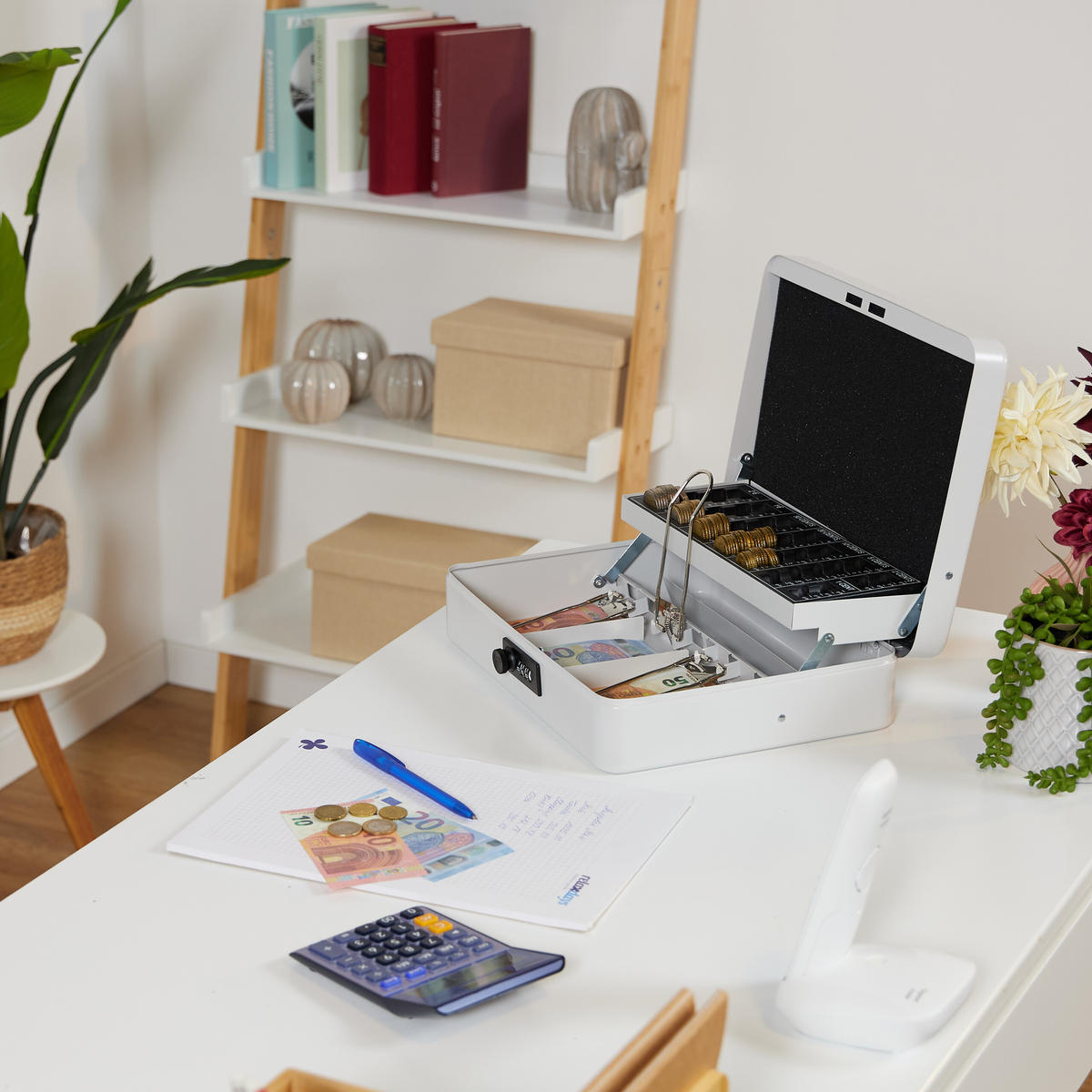 GELDKASSETTE Euro-Münzbrett - Weiß, Kunststoff/Metall (30.5/8.5/25cm) - Relaxdays