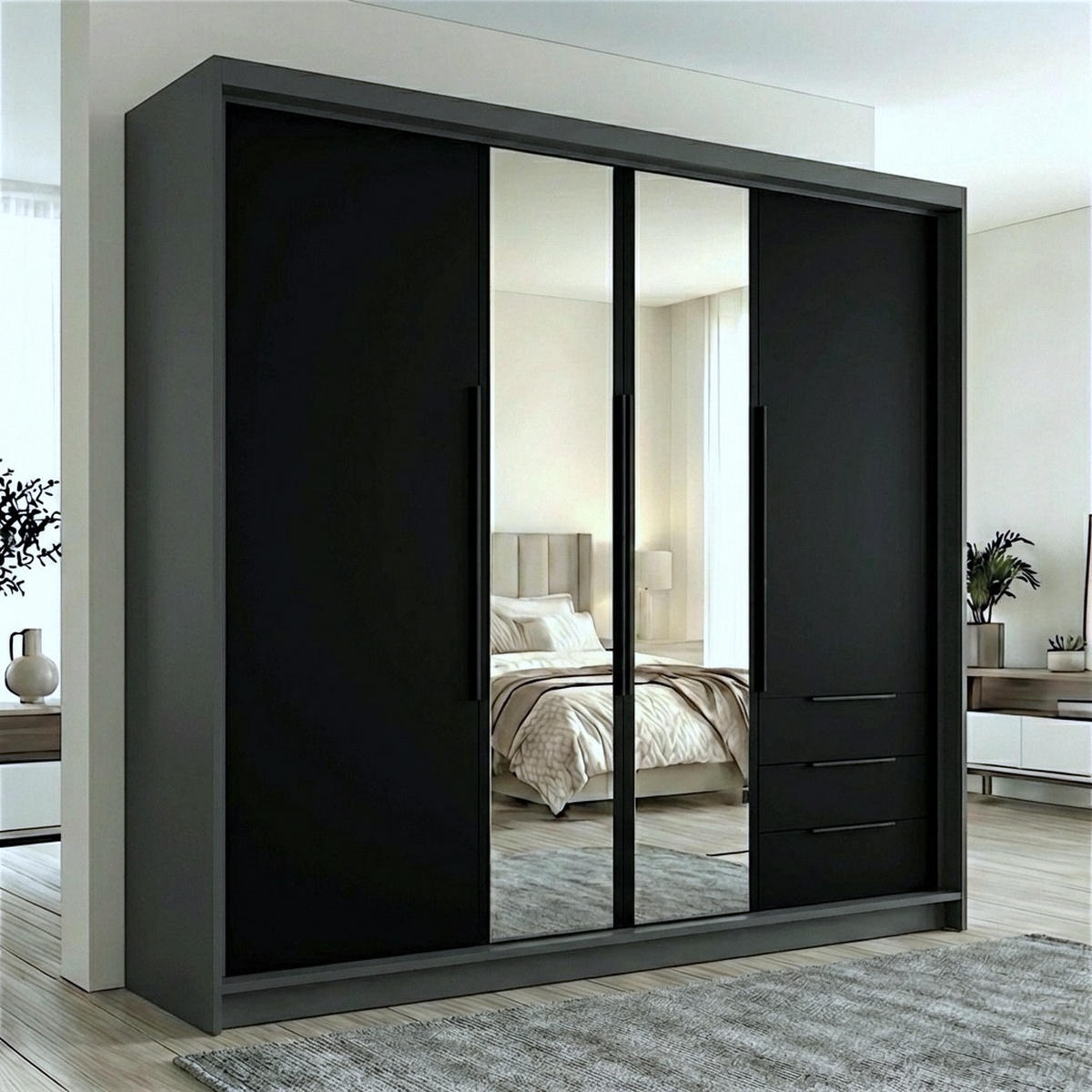 DREHTÜRENSCHRANK VIVO 200 cm Farbe: Graphit | Schwarz | Schwarz - Graphitfarben/Schwarz, Holzwerkstoff/Metall (200/215/59.5cm) - A&J MöbelLand