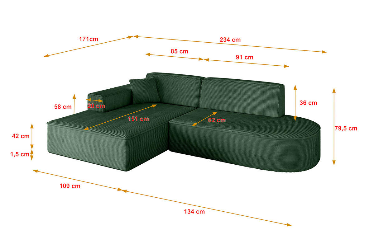ECKSOFA Ottomane Links IREA-L1-v4 - 234x171x79 cm Grün - Currygelb, Holzwerkstoff/Textil (234/171cm) - ALTDECOR