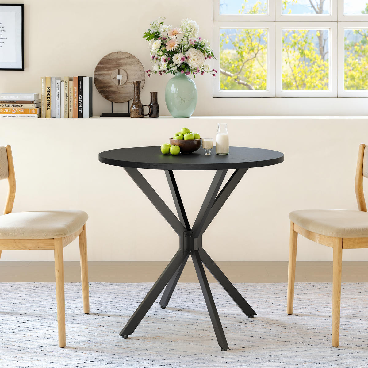 COUCHTISCH Runder Esstisch 80x80x75cm Schwarz-Küchentisch mit X-Beinen aus Stahl - Schwarz, Metall (80/80/75cm) - Raelunyi
