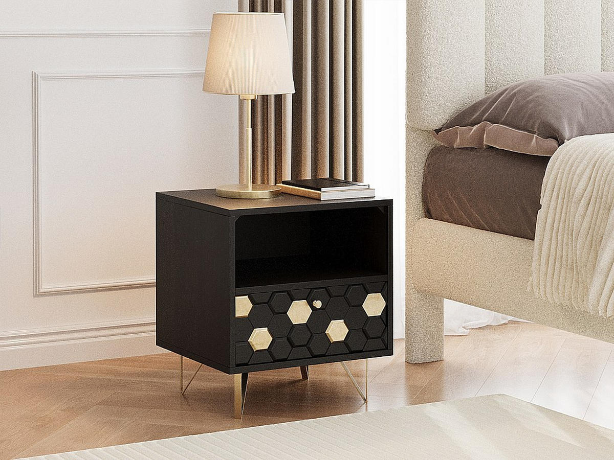 NACHTTISCH mit 1 Schublade & 1 Ablagefach - Mangoholz & Metall - Schwarz & Goldfarben - BELORI - Schwarz, Holz (945/50/38cm) - Vente-Unique