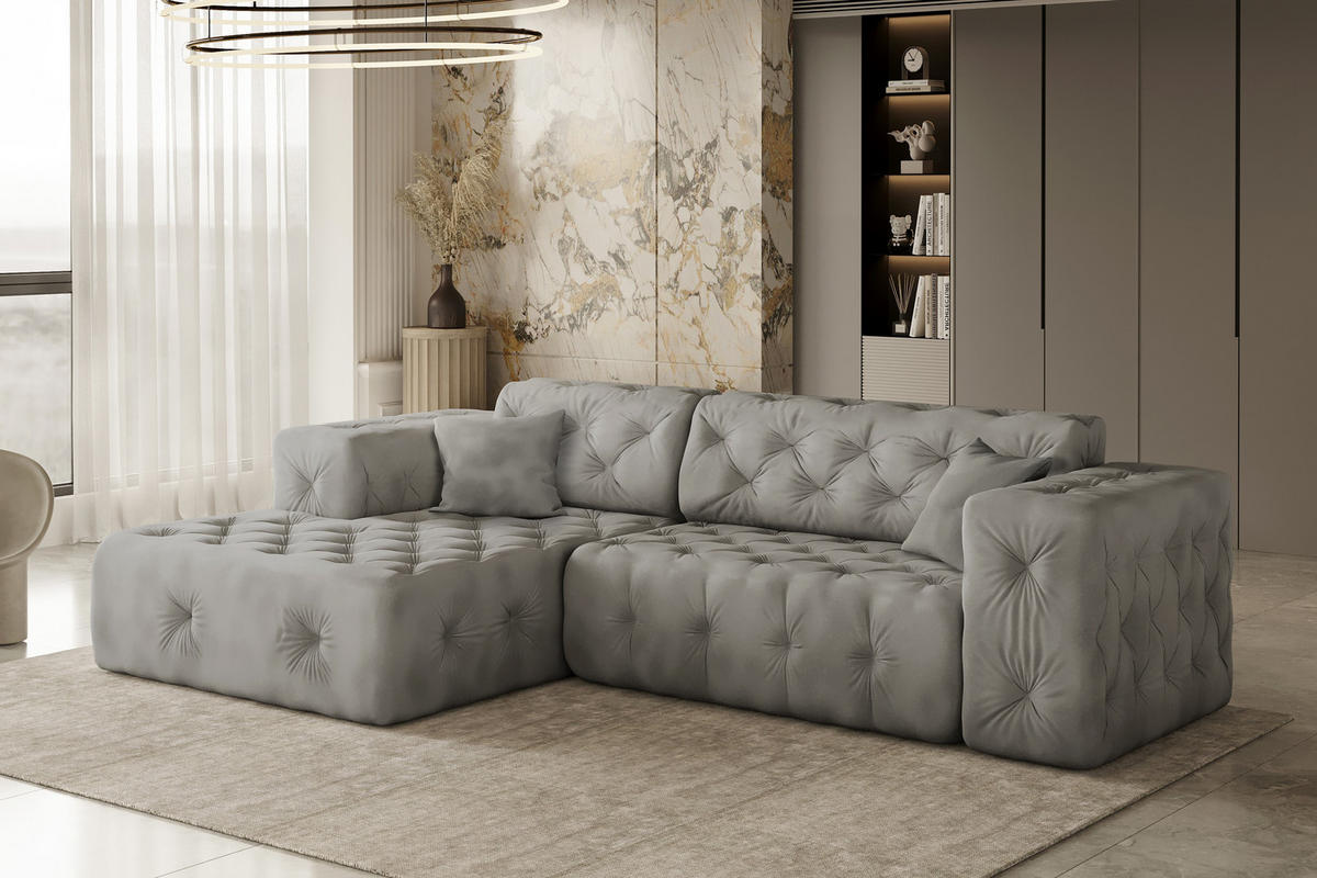 ECKSOFA L-Form Gesteppt LUX Stoff Whisper Links Silber - Silberfarben, Holz/Kunststoff (165/266cm) - Kaiser Möbel
