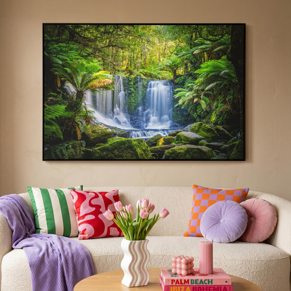 LEINWAND Bilder mit Rahmen - Dschungel - Wasserfall - Australien - Pflanzen - Natur - 120x80 - Dunkelgrün, Textil (120/80cm) - MuchoWow