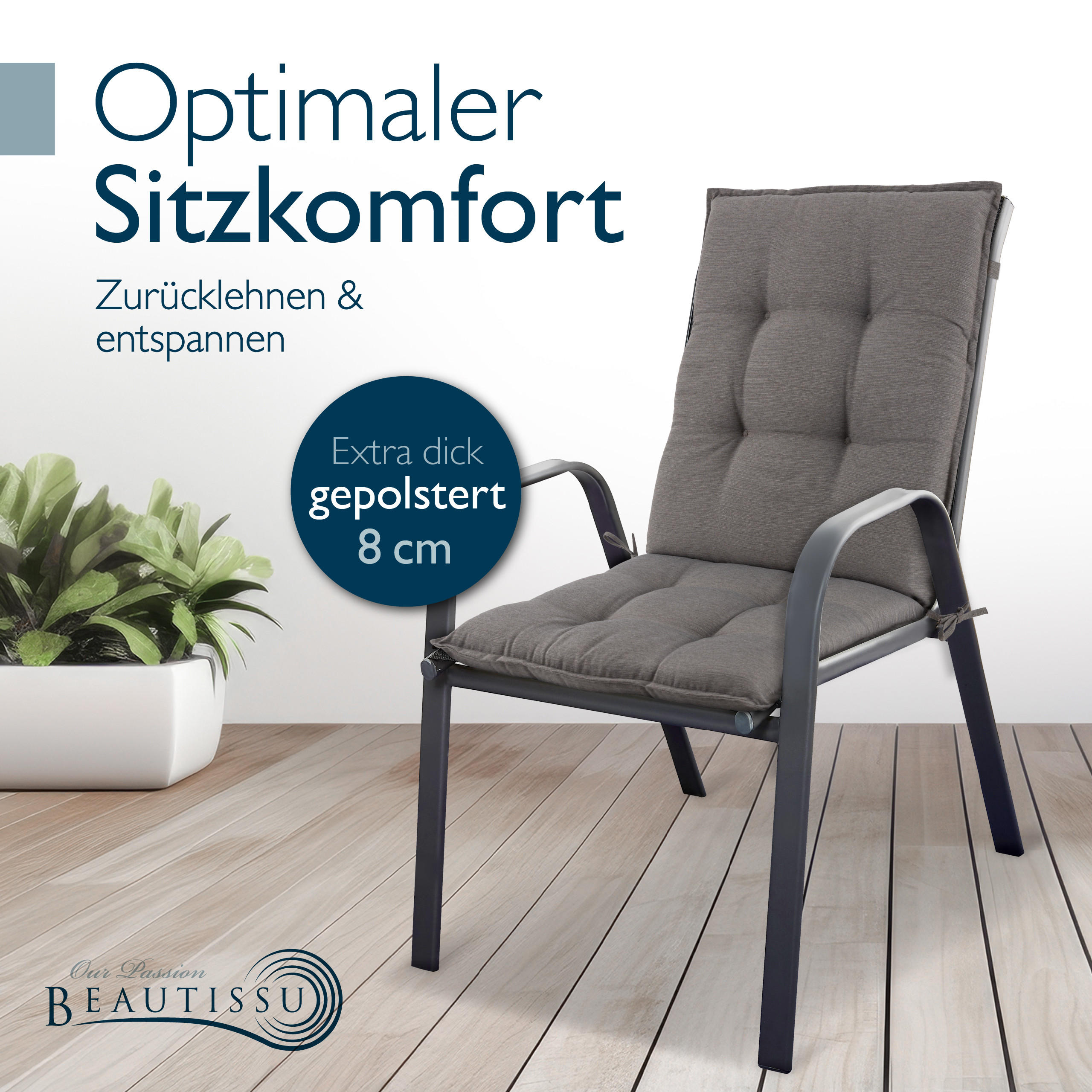 Beautissu Niederlehnerauflage Taupe 50x8x105 cm