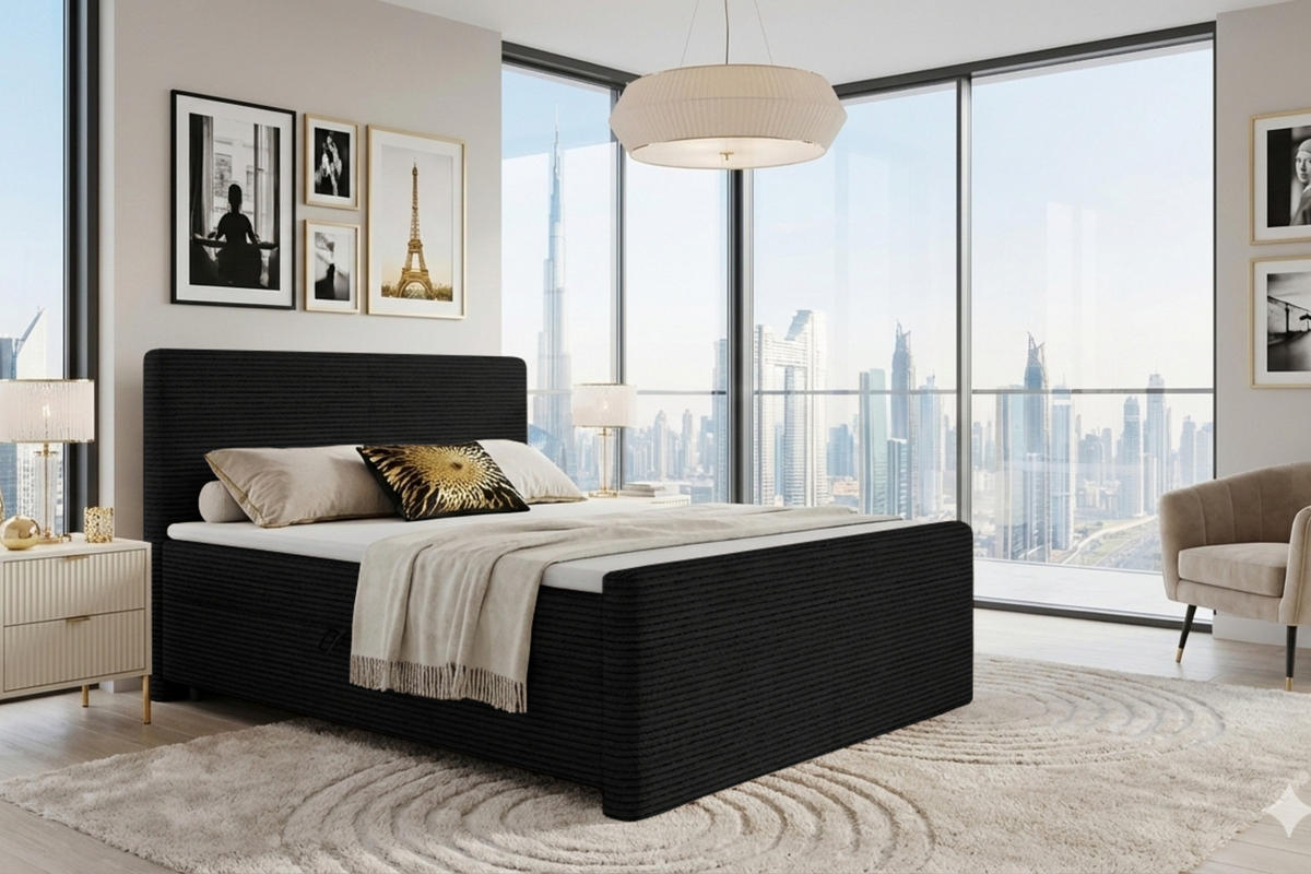 BOXBETT MIDI 180/200 in Cord Schwarz H3 - Schwarz, Holz/Holzwerkstoff (180/200cm) - Deine Möbel 24