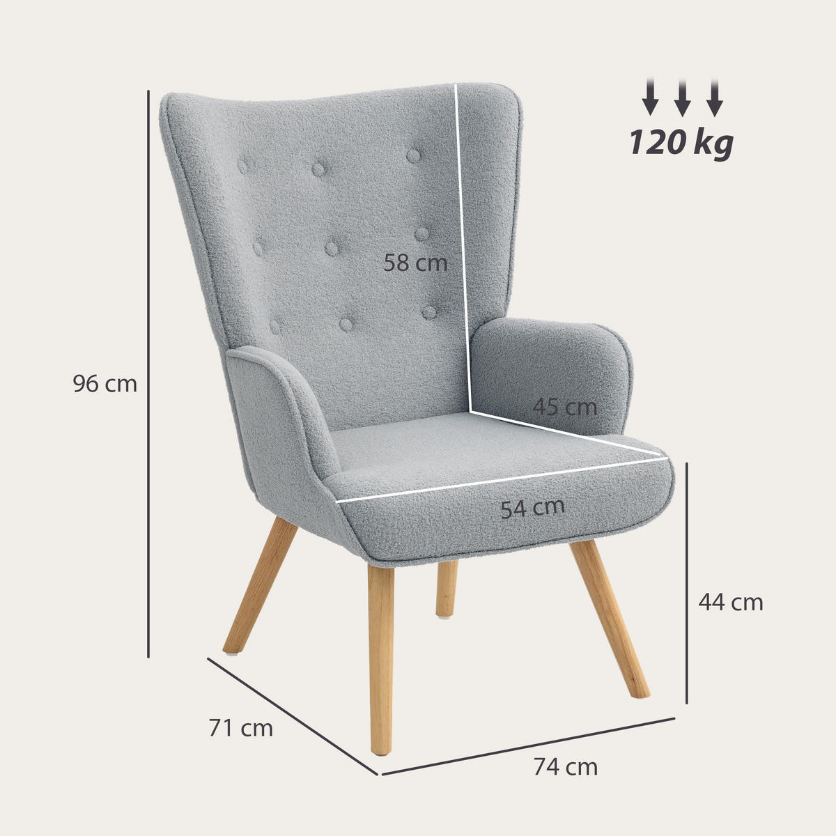 SESSEL DE-13280 Bouclé-Stoff & Knopfheftung Hellgrau - Grau, Holz (71/96/74cm) - ComfortXL
