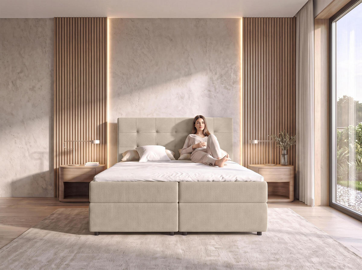 BOXBETT SAKARYA 160x200 cm mit Bettkasten und Matratze - Creme + TOPPER - Creme/Schwarz, Holz/Holzwerkstoff (160/200cm) - AX Living
