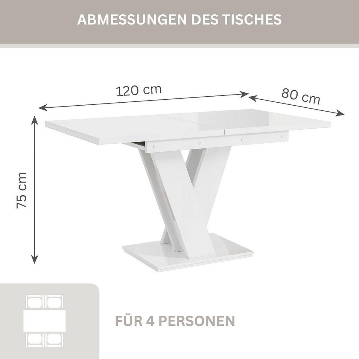 ESSTISCH Weiß Hochglanz Ausziehbar 120 - 160 cm - Weiß Hochglanz, Holzwerkstoff (120/80/75cm) - PROSPERO