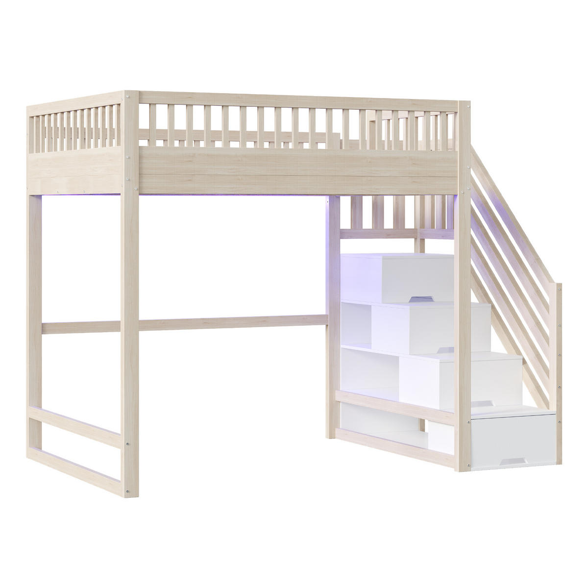 HOCHBETT 140/200 cm in Natur mit Stauraumtreppe und LED - Naturfarben, Holz/Holzwerkstoff (140/200cm) - STILVORA