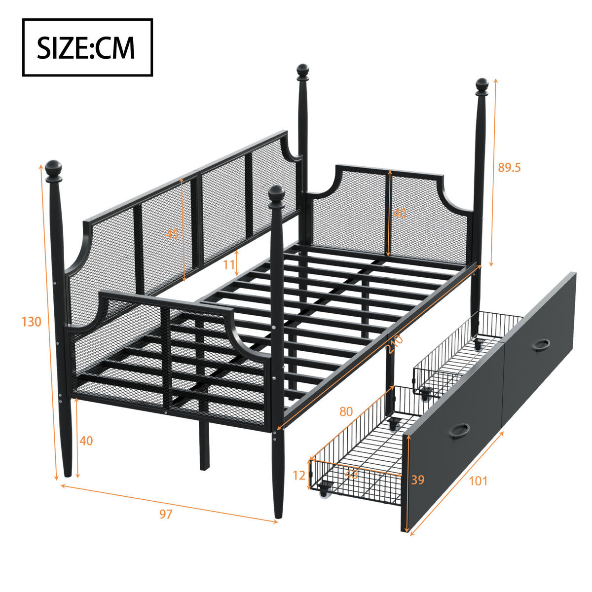 METALLBETT 90/200 cm Vintage Schwarz mit Ablagefächern - Schwarz, Metall (90/200cm) - OKWISH