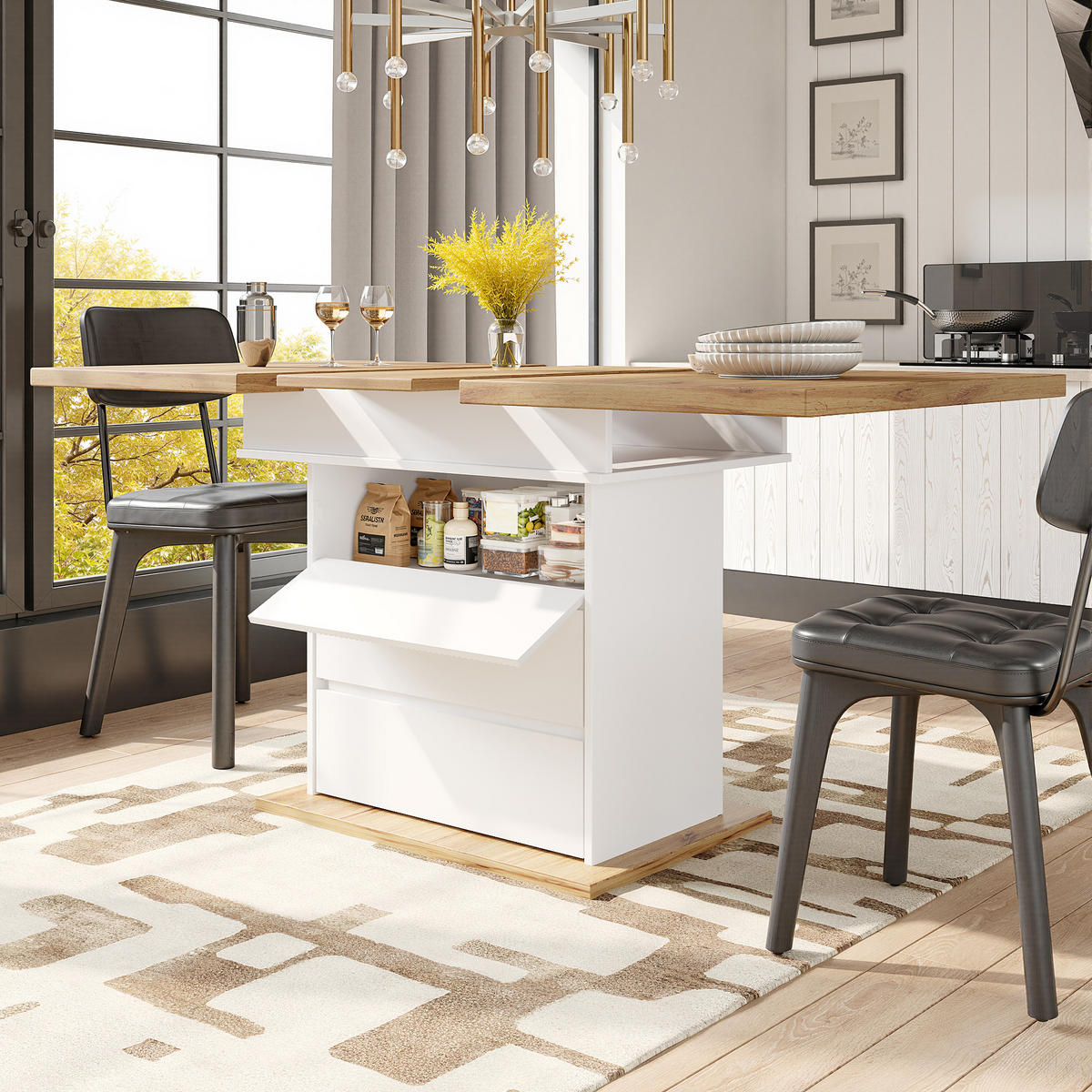 ESSTISCH Ausziehbarer, MDF mit Stauraum & Soft-Close, 110-140/80/75 cm, Natur/Weiß - Weiß, Holzwerkstoff (110/80/75cm) - Redom