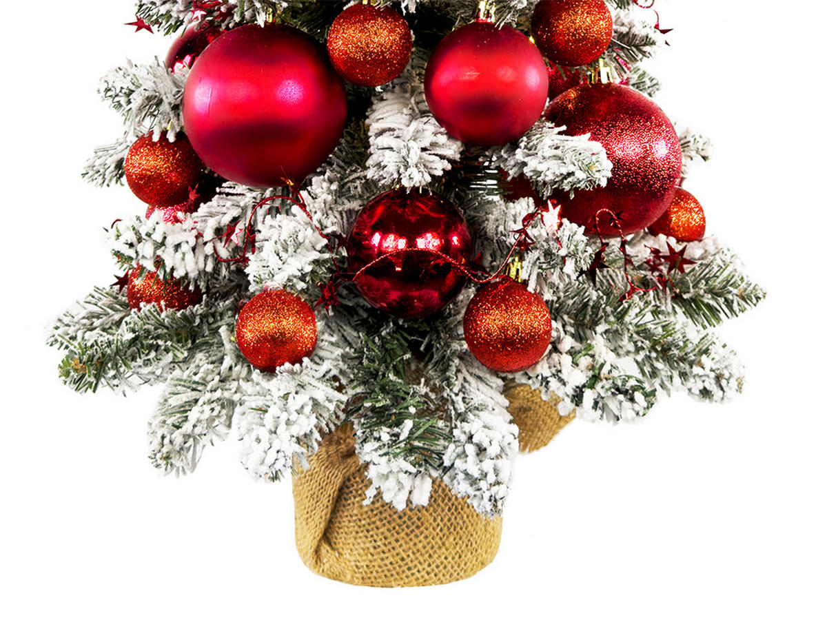 WEIHNACHTSBAUM künstlicher 60 cm mit LED-Beleuchtung, GOLDWEIHNACHTEN, mit 34 Weihnachtsbaumschmuck, Pflanztopf mit Jutesack - Rot/Weiß, Kunststoff/Stein (40/60cm) - LAALU