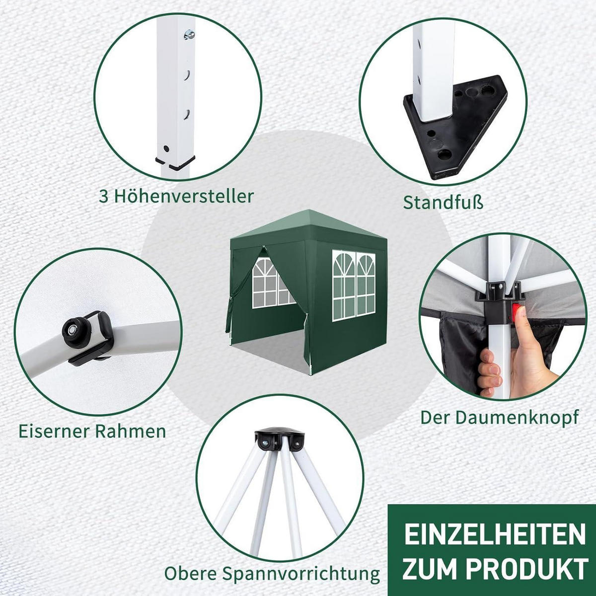 FALTPAVILLON 2 x 2 m Grün UV-Schutz 50+ Wasserdicht Höhenverstellbar mit 4 Seitenteilen - Grün, Textil (200/255/200cm)