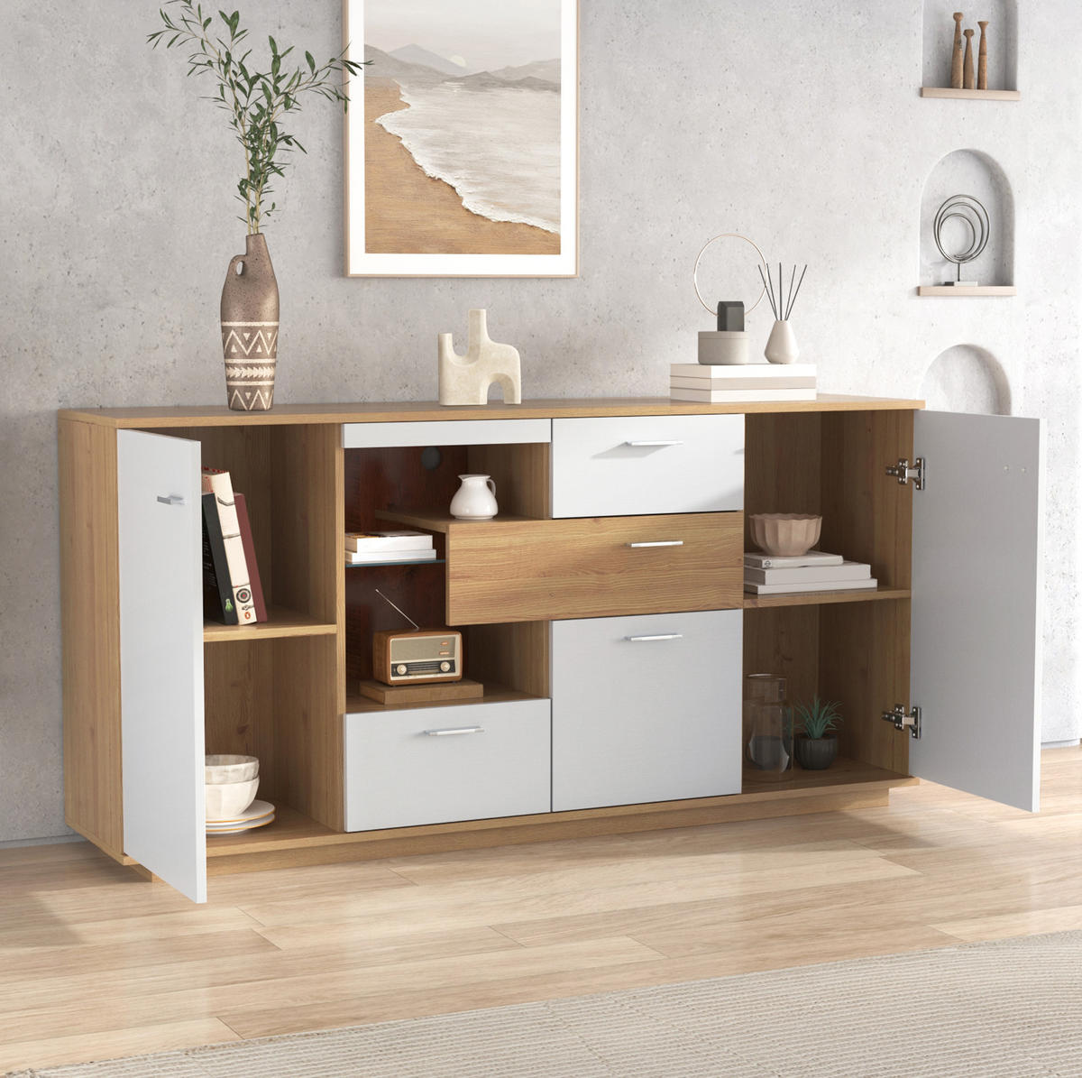 SIDEBOARD 160/40/77 cm, 2 Türen und 4 Schubladen, Holzoptik/Weiß mit einstellbarer 16-farbiger LED，Naturfarben - Naturfarben, Holzwerkstoff (160/77/40cm) - Redom