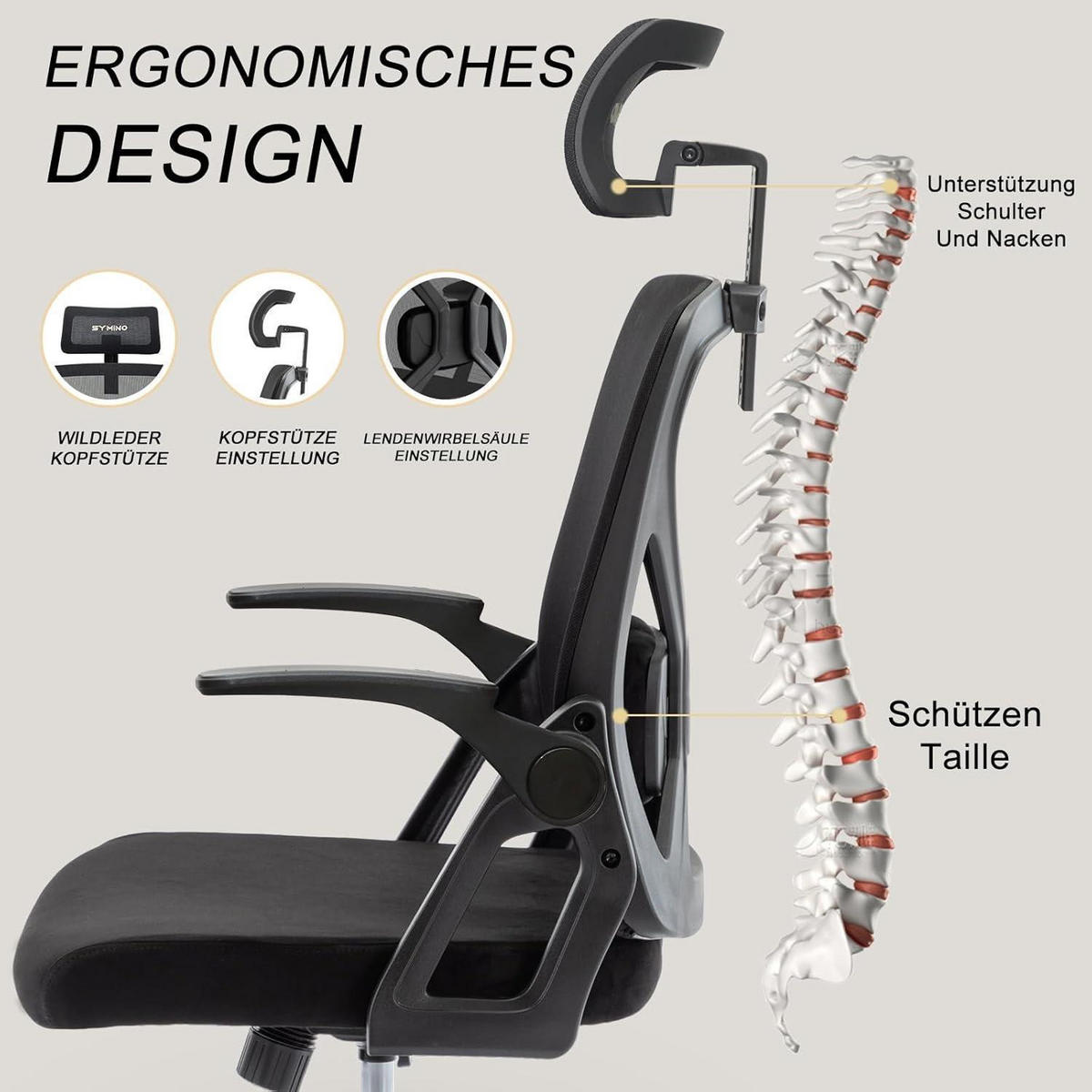 BÜROSTUHL Ergonomisch mit Kopfstütze und Lordosenstütze Schwarz Kunststoff - Schwarz, Kunststoff (58/58/27cm)