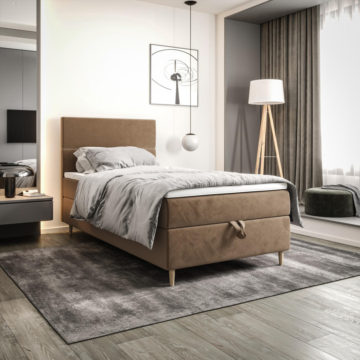 BOXBETT FLO 120x200 Itaka 48, mit Matratze H3, Bonell und Topper, Camel - Cappuccino, Holz/Textil (120/200cm) - Bedante