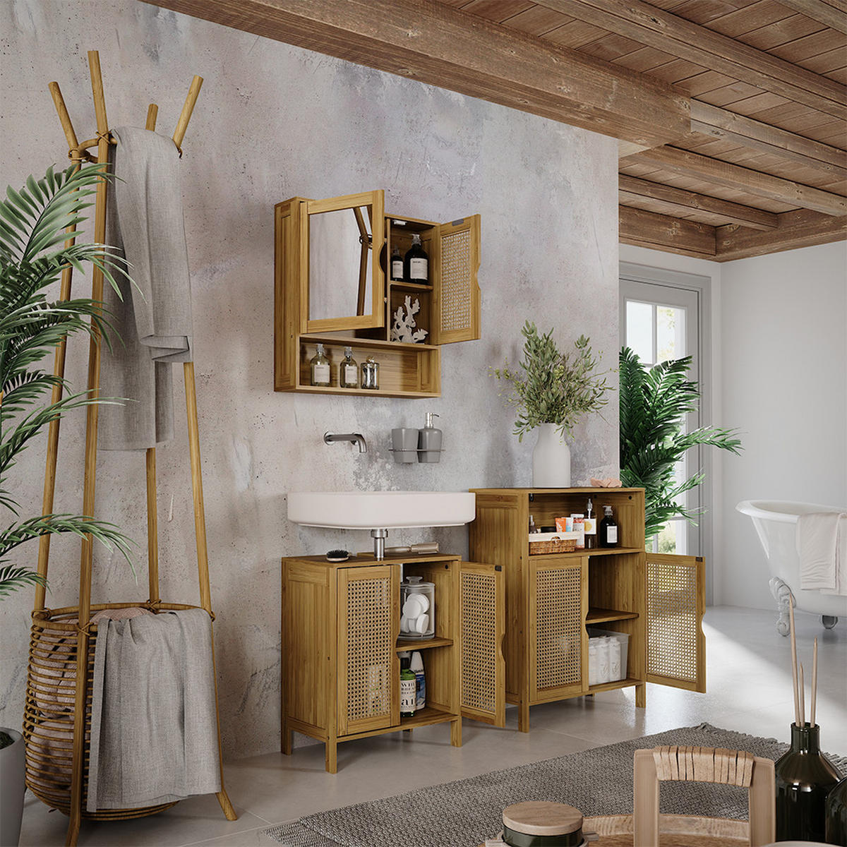 SADA KOUPELNOVÉHO NÁBYTKU Liora Bambus - zelená barva, kompozitní dřevo (48/60/29cm) - Vicco