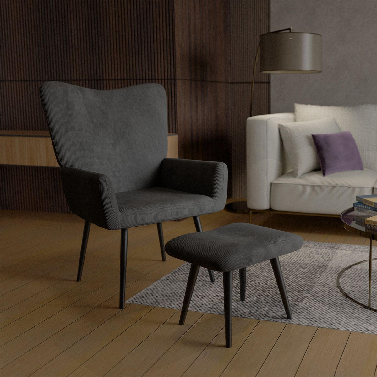 OHRENSESSEL Odense mit Hocker Cord Grau - Grau, Textil (68/95/73cm) - Juskys