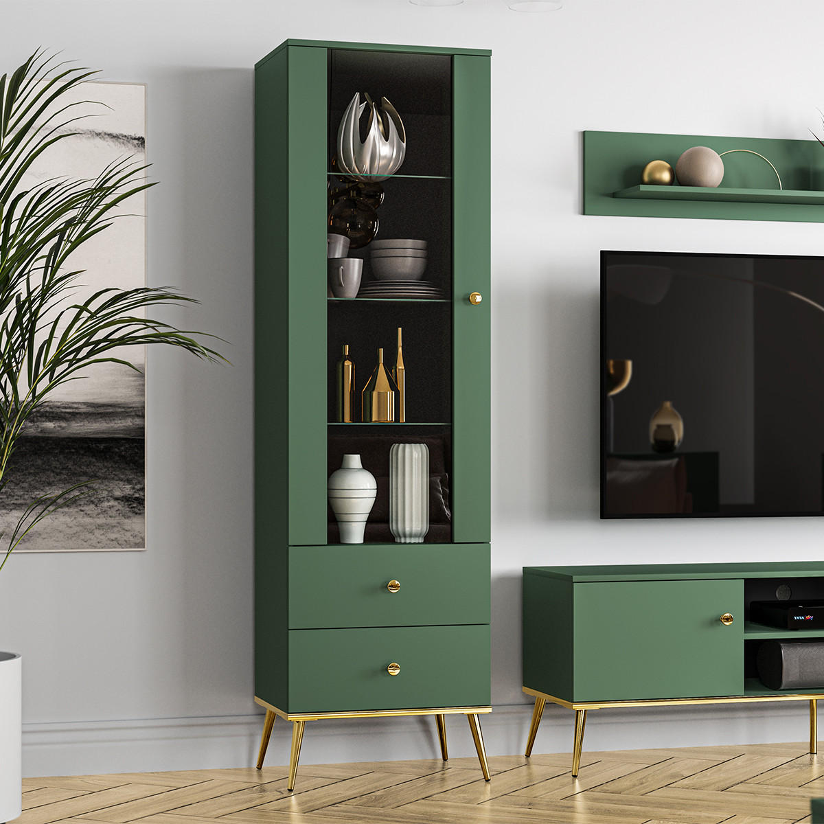 VITRÍNA Thalia Zelená - zelená barva, kompozitní dřevo (55/190/40cm) - Petits-meubles