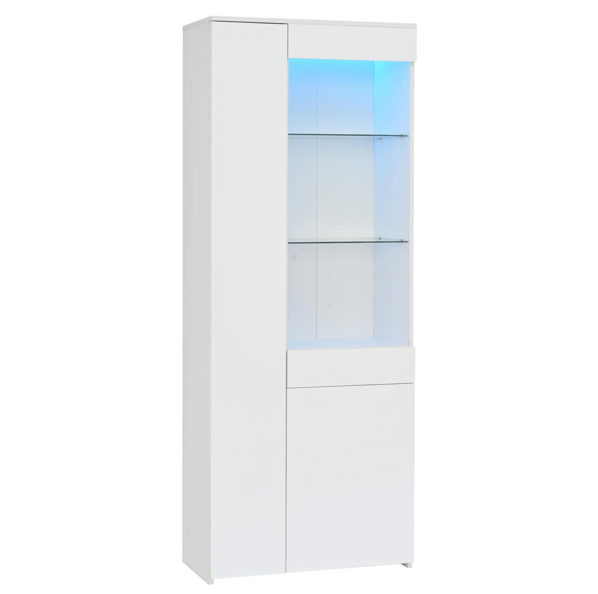 VITRINE aus Spanplatte 70x35x180 cm Weiß mit LED-Beleuchtung, Schublade und Hochglanzfront - Weiß, Holzwerkstoff (70/180/35cm) - Modfu