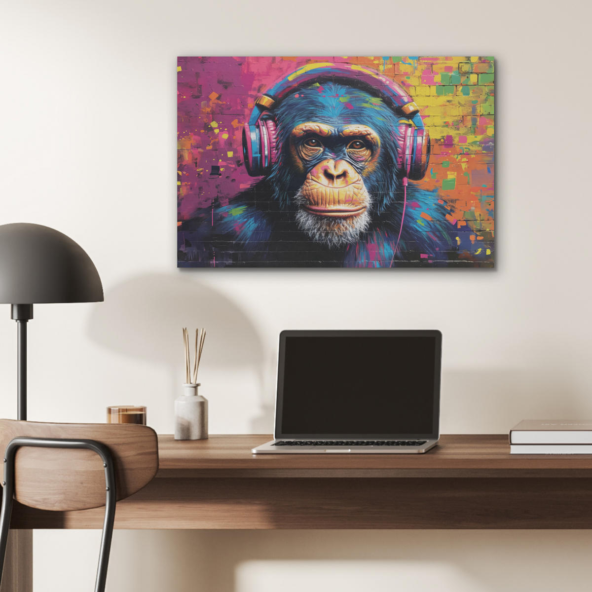 AKUSTIKBILD Graffiti - Schimpanse - Straßenkunst - Kopfhörer - Affe Wanddeko 70x50 cm - Blau, Kunststoff (70/50/0.9cm) - MuchoWow