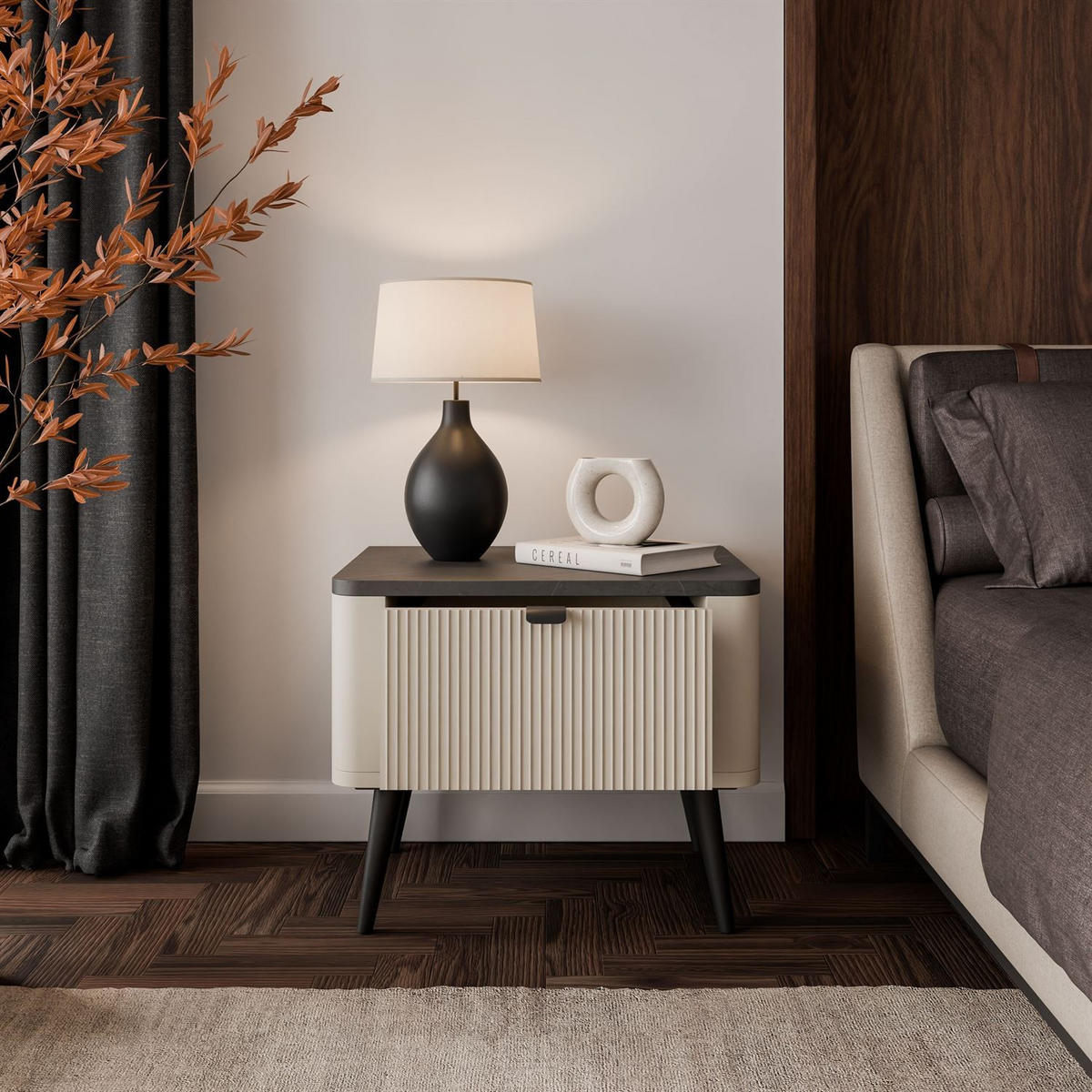 NACHTTISCH AUTUMN auf hohen Beinen, Kaschmir / Grauer Stein - Beige/Schwarz, Holzwerkstoff (50/42/40cm) - Lookway