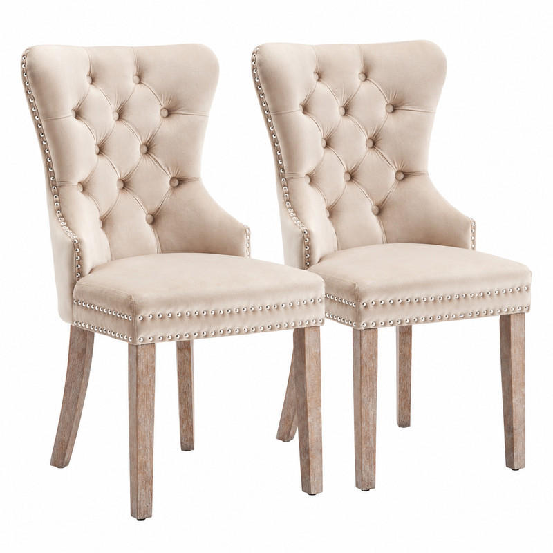 ESSZIMMERSTUHL 2er-Set Samt Beige mit Zierknöpfen und Massivholzbeinen - Beige, Holz (46.5/95/53cm) - Meubliv