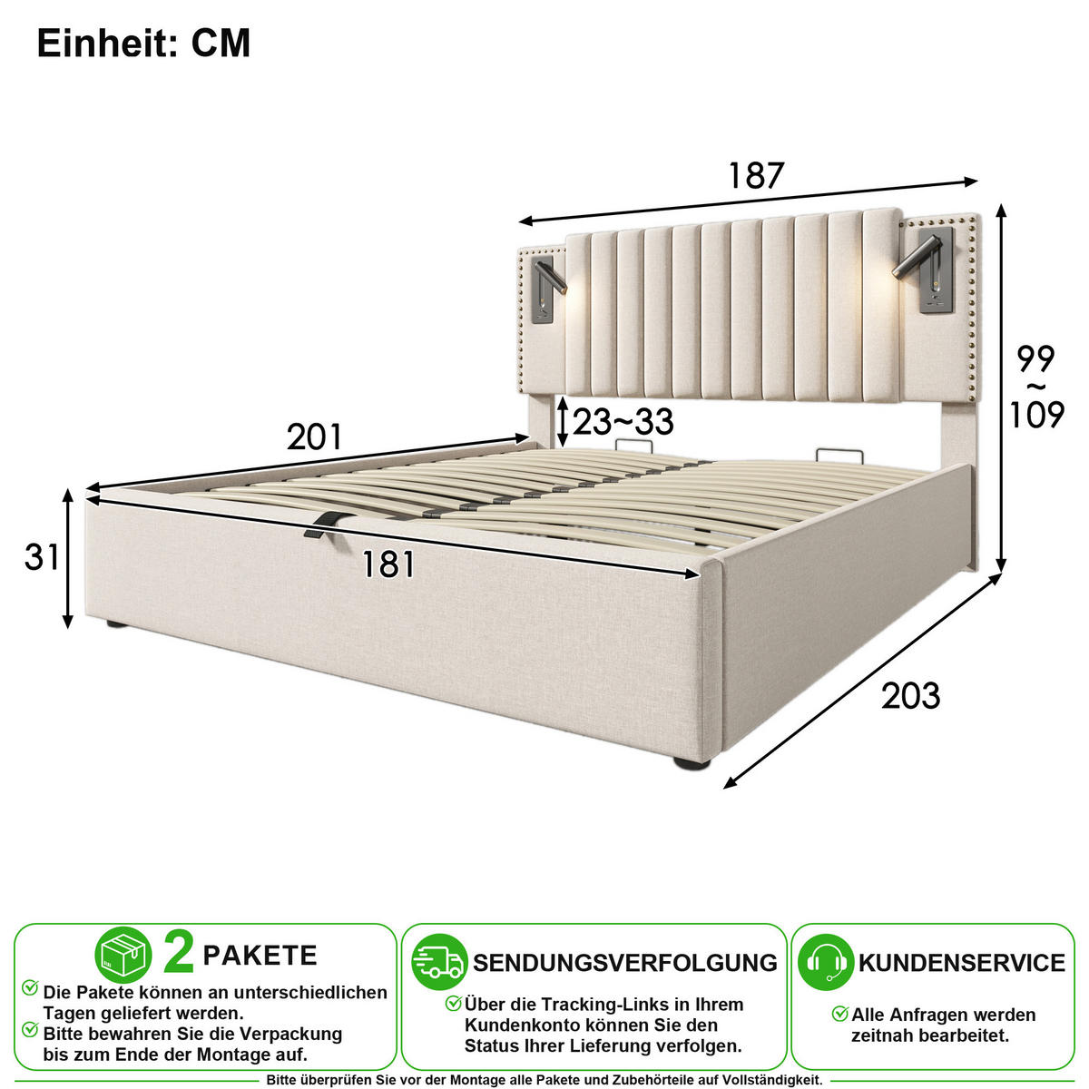 POLSTERBETT 180/200 cm in Beige mit Bettkasten, Leselicht und USB Stoff - Beige, Holzwerkstoff/Textil (180/200cm) - CHICFURN