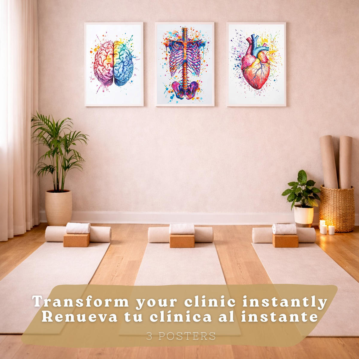 POSTER Set aus 3 Anatomie Mensch Drucke und Wandbilder mit Gehirn Herz Rippen Wirbelsäule Lebendiges Aquarell Design Größe Weißer Rahmen A3 - Weiß, Papier (29.7/42/3cm) - Nacnic