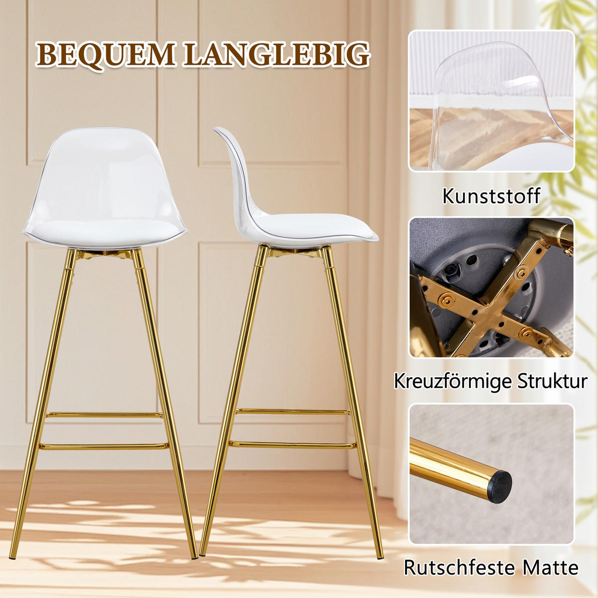 BARHOCKER 2er-Set Gold und Transparent mit Rückenlehne - Goldfarben, Metall (38/96.5/33cm) - PANGIVO