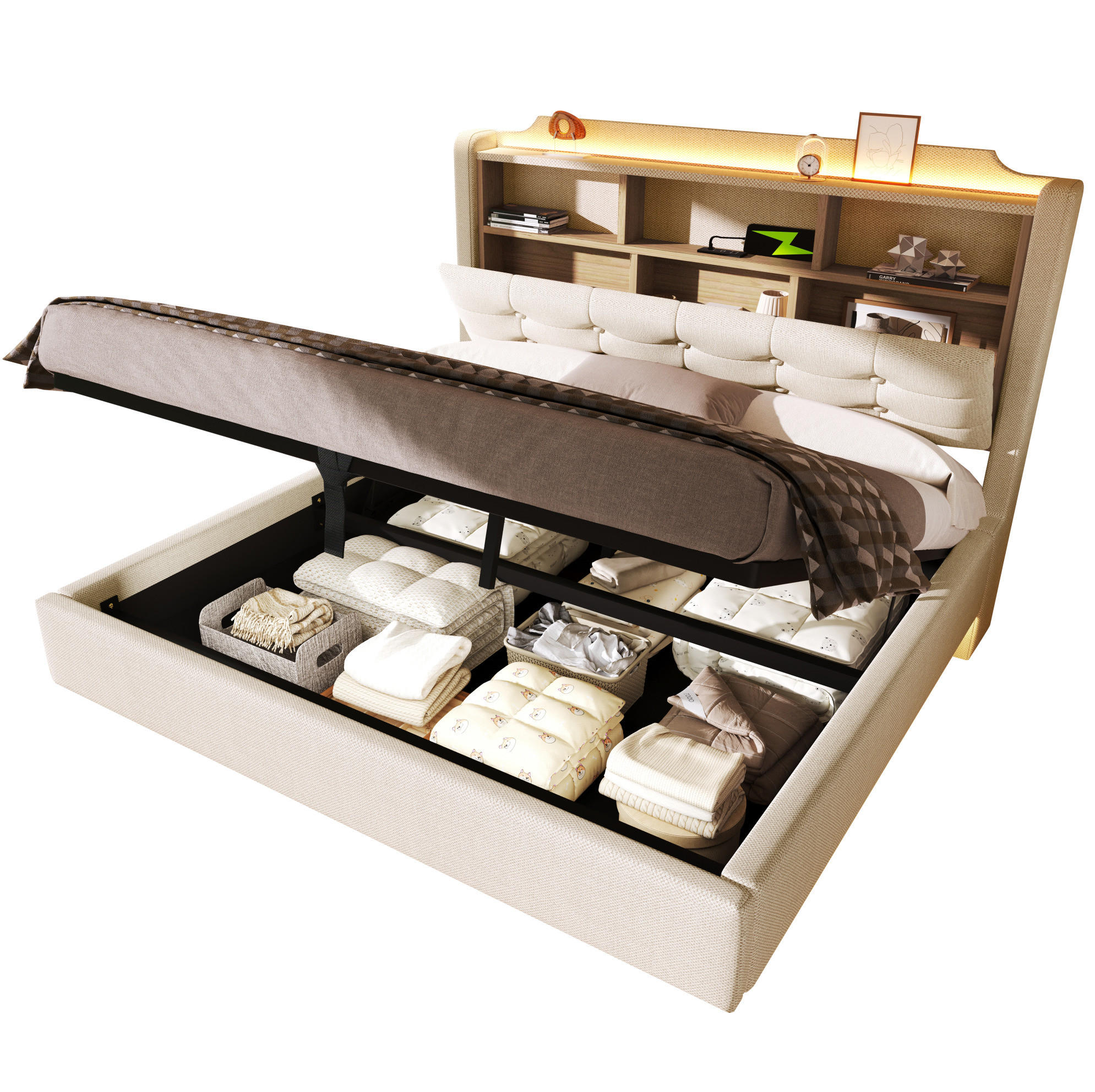POLSTERBETT 140/200 cm Beige aus Leinen mit LED-Lichtleiste - Beige, Textil (140/200cm) - OKMYHOME
