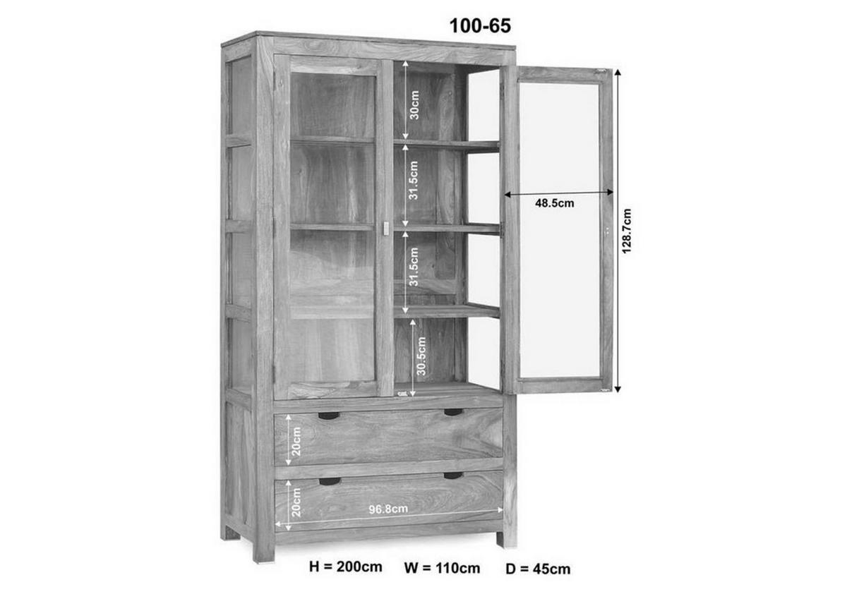 VITRINE Sheesham 110x45x200 grau geölt NATURE GREY #65 - Grau, Holz (110/200/45cm) - Massivmoebel24