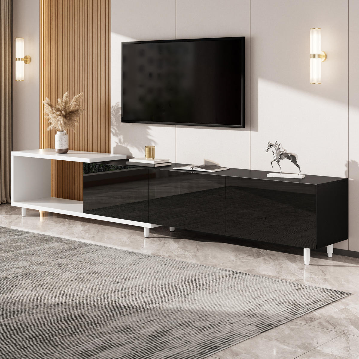 TV-SCHRANK ausziehbar 3 Türen Hochglanz Metallfüße modern - Multicolor, Holzwerkstoff (38/48.5/258cm) - FLIEKS