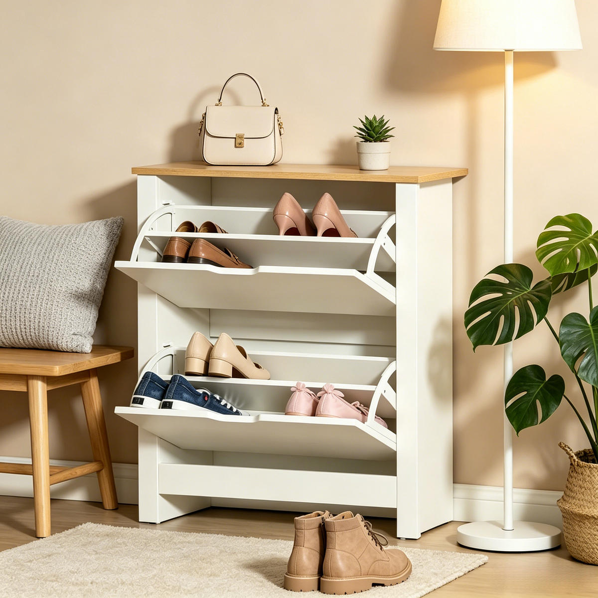 SCHUHKIPPER DE-38082 72/26/80 cm mit 2 Klapptüren Naturholz/Weiß - Weiß, Holzwerkstoff (72/80/26cm) - ComfortXL