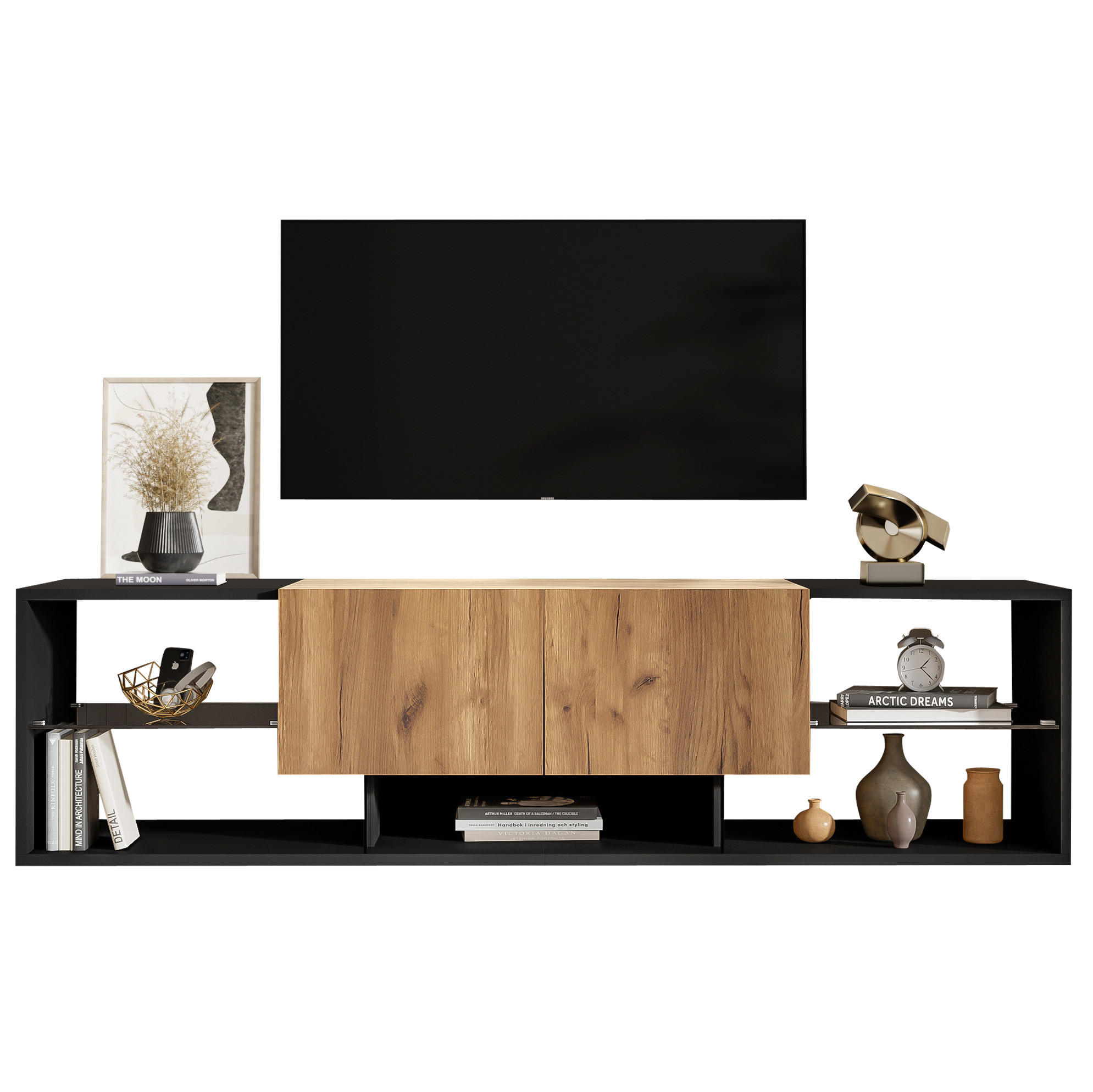 TV-LOWBOARD 160/40/42 cm Schwarz/Natur aus Spanplatte mit LED - Schwarz, Holzwerkstoff (40/42/160cm) - OKWISH