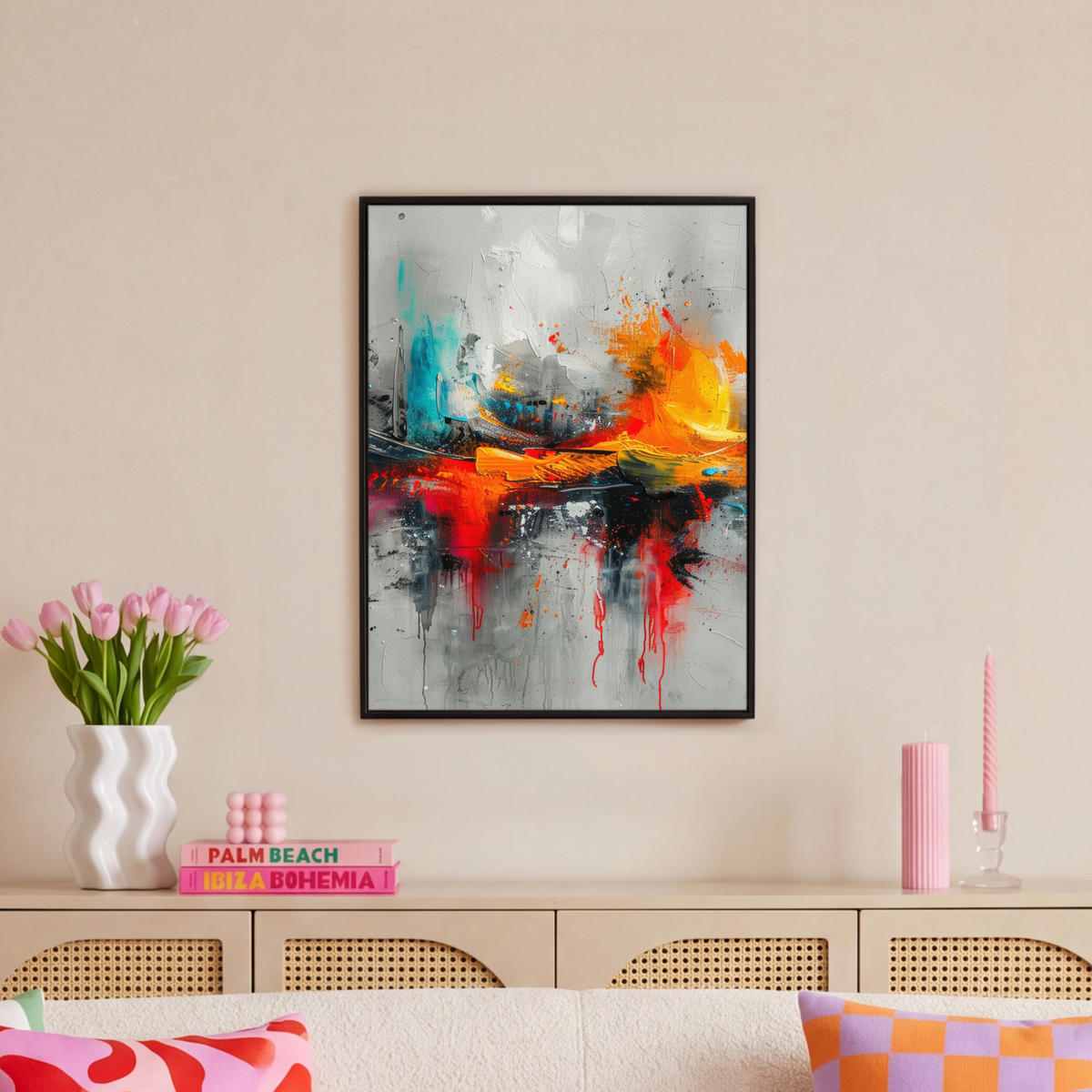 LEINWAND Bilder mit Rahmen - Moderne Kunst - Orange - Grau - Abstrakt - 60x80 - Hellgrau, Textil (60/80cm) - MuchoWow