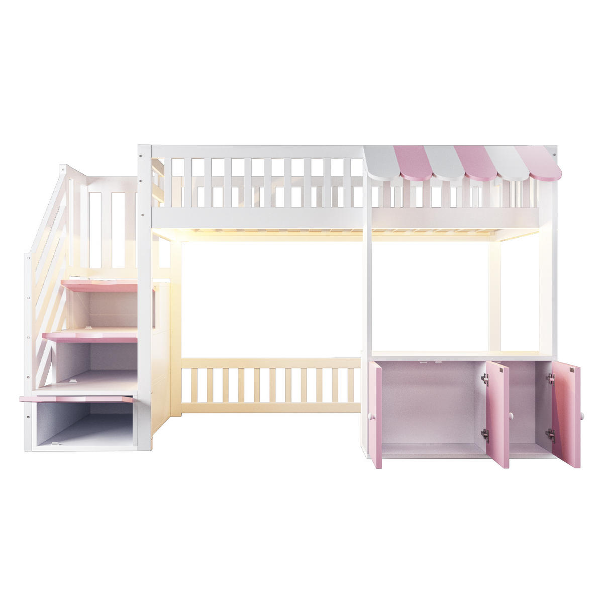HOCHBETT Rosa & Weiß aus Holzwerkstoff als Hochbett mit Stauraumtreppe, Stauraumschrank und mehrfarbiger LED-Lichtleiste - Rosa, Holzwerkstoff (90/200cm) - Luhomfu