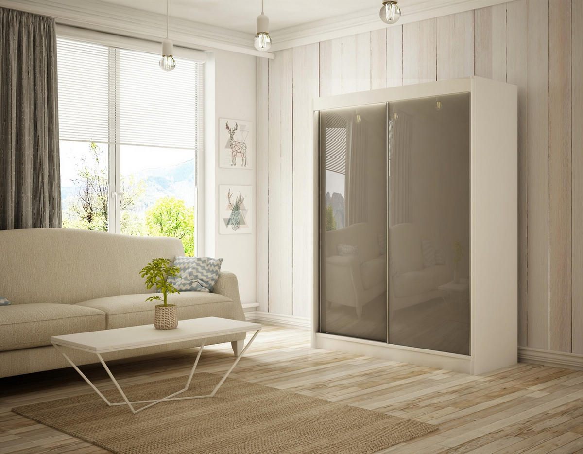 SCHIEBETÜRENSCHRANK TIPI II - Weiß/Grau, Holzwerkstoff (150/215/61cm) - Meblini