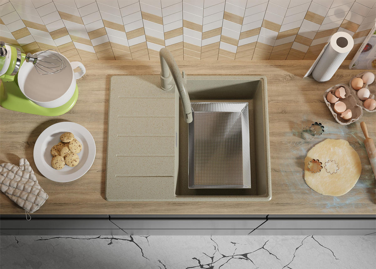 SPÜLBECKEN Kopenhagen, 2-er set Beige 62/50 cm 1 Becken + Ablauf-Set + Schneidebrett ab 45er Unterschrank - Beige, Kunststoff (62/20/50cm) - Primagran