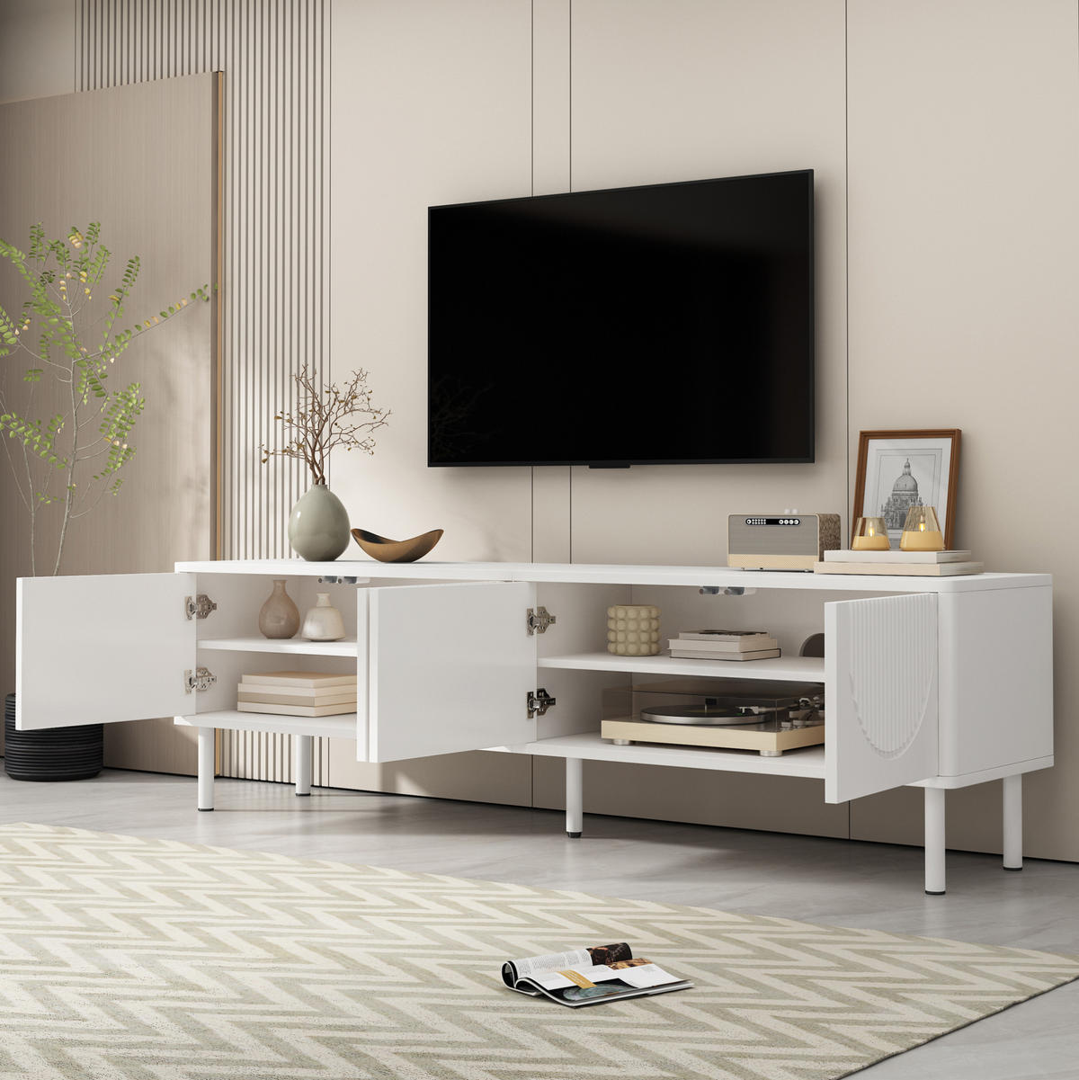 TV-LOWBOARD mit 4 Fächern 180 cm Weiß aus MDF und Spanplatte - Weiß, Holzwerkstoff (40/52/180cm) - Beauniv