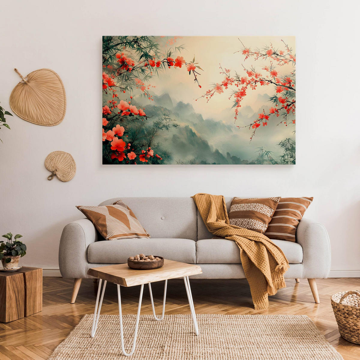 LEINWANDBILD Blumen Pflanzen Berge Landschaft 70cm x 50cm - Rot/Schwarz, Textil (70/50cm) - Muralo