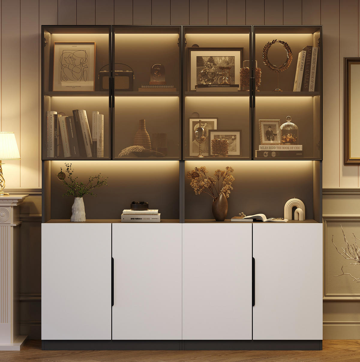 VITRINE aus Spanplatte 160x30x200 cm Weiß mit schwarzer Dekorleiste, LED-Beleuchtung, Glastüren und verstellbarem Einlegeboden - Weiß, Holzwerkstoff (30/200/160cm) - Modfu
