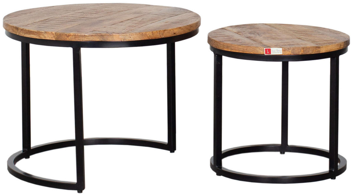 COUCHTISCH rund 2er Set Fermo Mangoholz - Schwarz/Braun, Naturmaterialien/Metall (58/58/45cm) - Mr. Deko