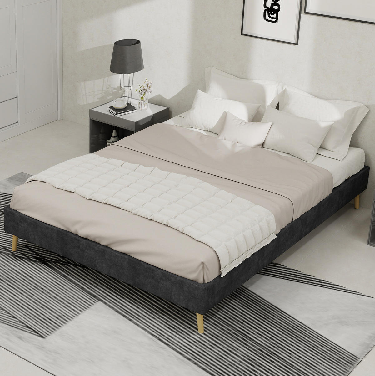 POSTEĽ 140/200 cm sivá z látky a kovu s pevnou konštrukciou v modernom štýle - sivá, textil (140/200cm) - OKWISH
