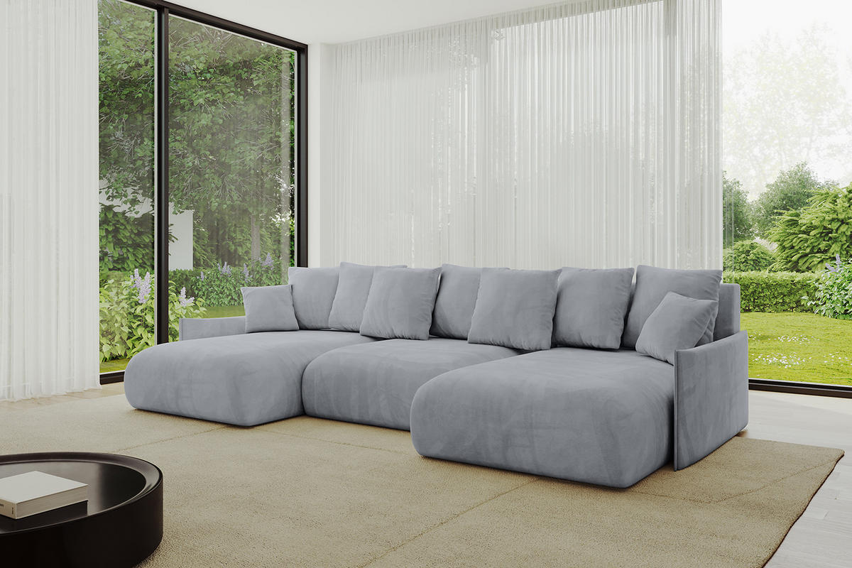 WOHNLANDSCHAFT mit Schlaffunktion und Bettkasten ONESK-U-v1 304x165x40 Hellgrau Velours - Hellgrau, Holzwerkstoff/Kunststoff (304/90/165cm) - ALTDECOR