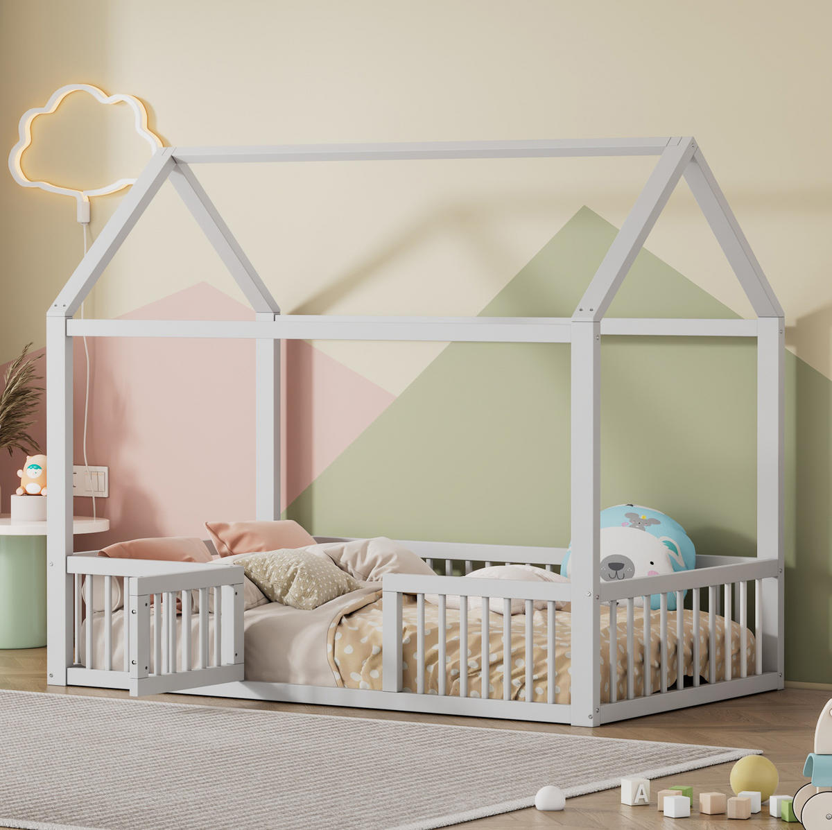 HAUSBETT aus Kiefer und MDF 90x200 cm Weiß mit Sicherheitsgitter und Tür im Haus-Design - Weiß, Holzwerkstoff (90/200cm) - Modfu
