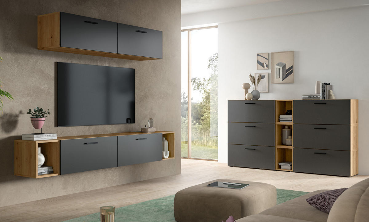 SIDEBOARD grau, Eiche Artisan 176 cm, Kommode mit Soft-Close - Schwarz/Eiche Artisan, Holzwerkstoff/Kunststoff (176/99/34cm) - Inn.Furn