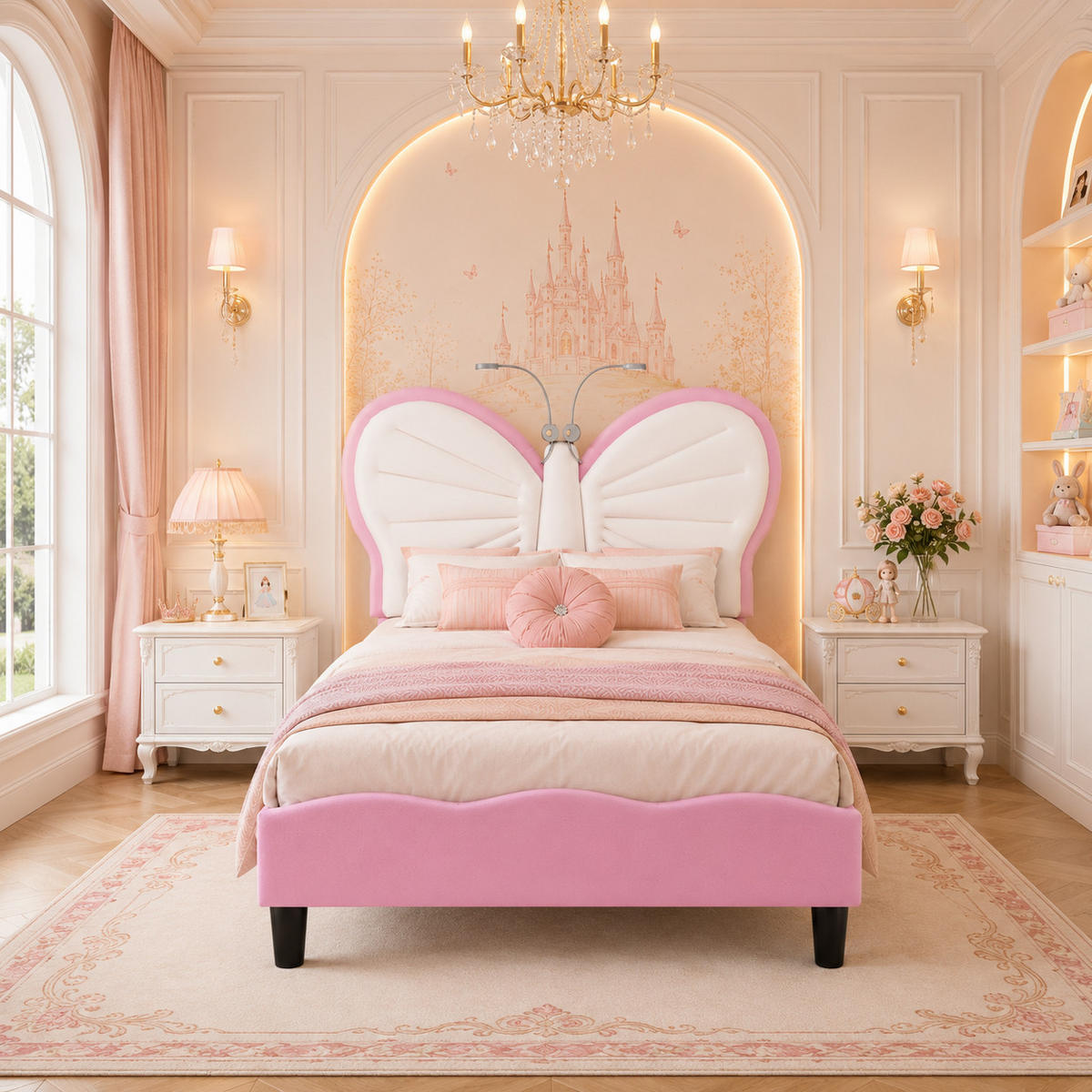 KINDERBETT 90/200 Rosa Schmetterling Polsterbett mit LED-Leseleuchte - Rosa, Metall (90/200cm) - Joyfair