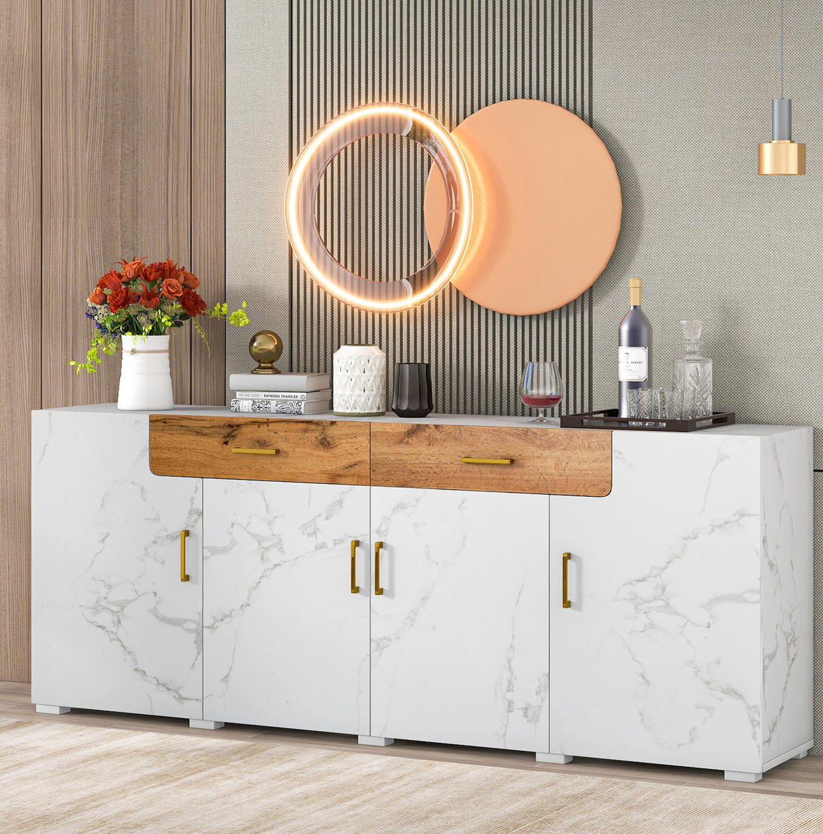 SIDEBOARD 208/39,5/80 cm mit 4 Türen und 2 Schubladen, viel Stauraum aus Holzwerkstoff, Weiß - Weiß, Holzwerkstoff (208/80/39.5cm) - Redom
