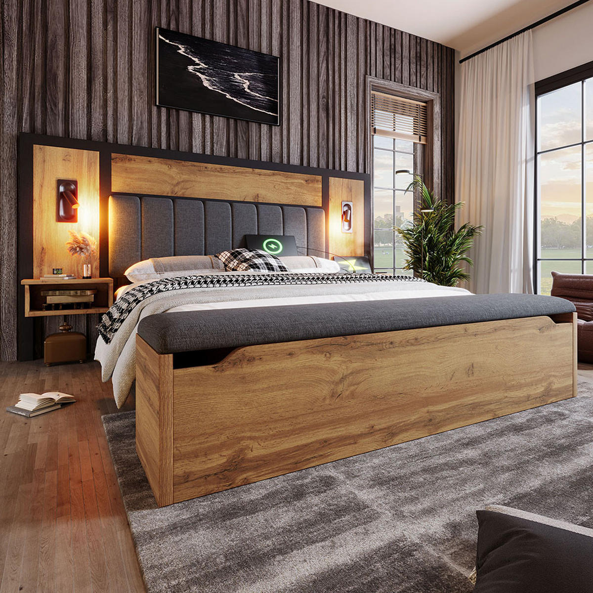 DOPPELBETT 180×200 cm mit Leselampe und USB C in Eiche - Wildeiche, Holz (180/200cm) - KOMHTOM